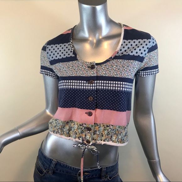 Vintage Xtrovert Cropped Top Women’s Floral Striped Shirt Adjustable Waist Xs-S. - Picture 1 of 14